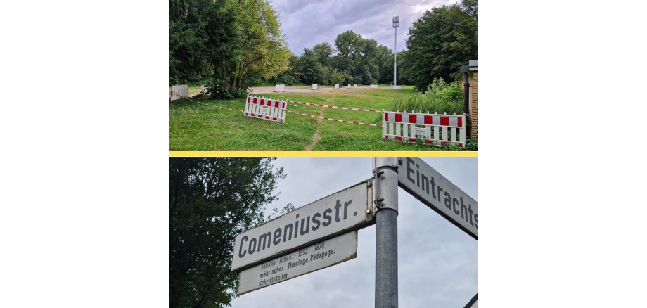 Bauvorbereitung für Flüchtlingsunterkunft Comeniusstraße & Straßenschild