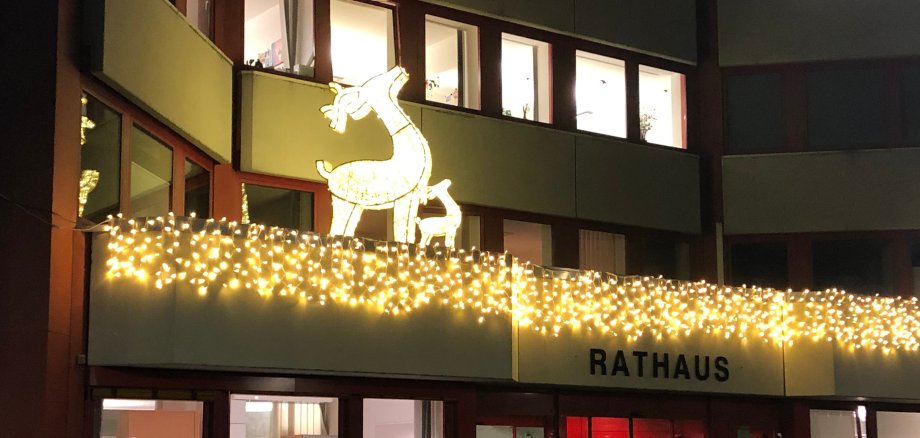 Rathauseingang mit Weihnachtsbeleuchtung 